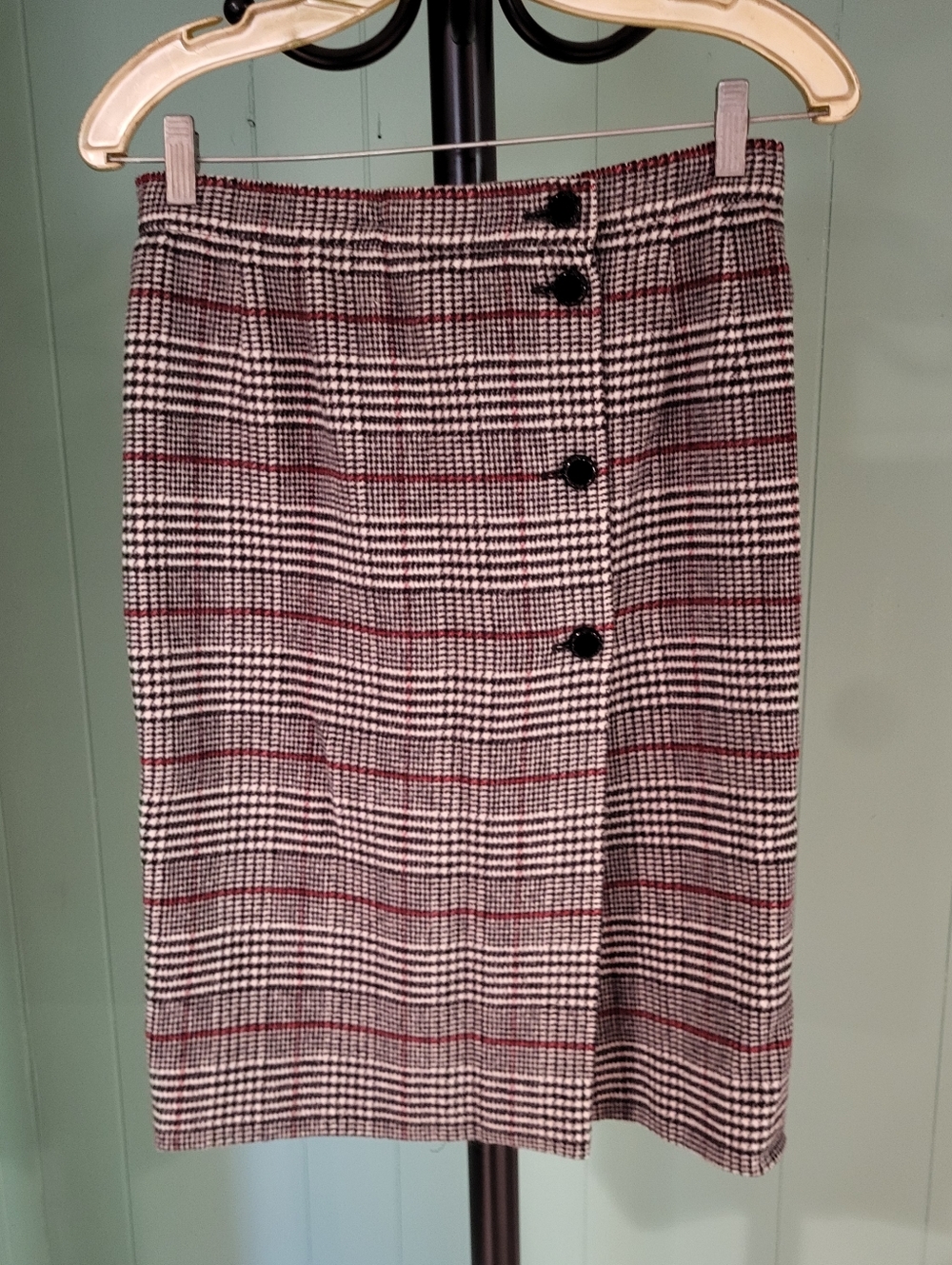 Ungaro Plaid Button-Front Pencil Skirt in Black and Red, Academia, Punk